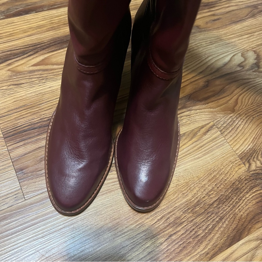 Vintage Leather Cone Heel Knee High Boots Wood Stack Heel Thom McAn Red 10B - Picture 2 of 10